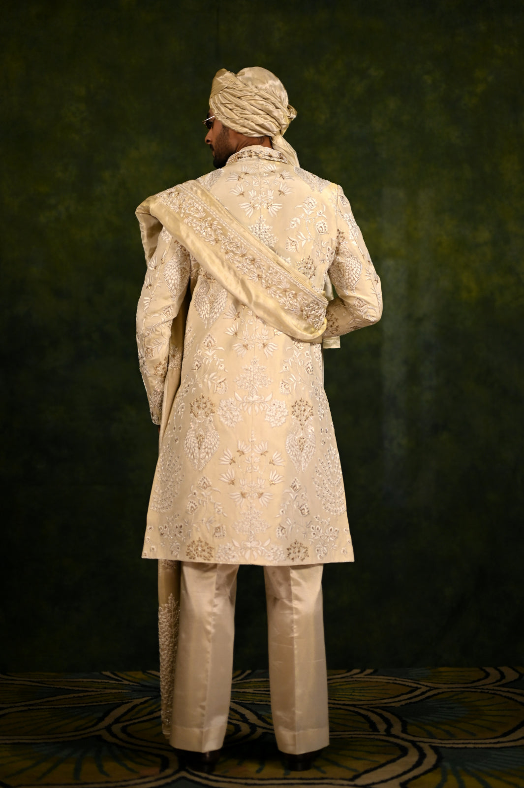 ivory gold crepe tissue threadwork sherwani set