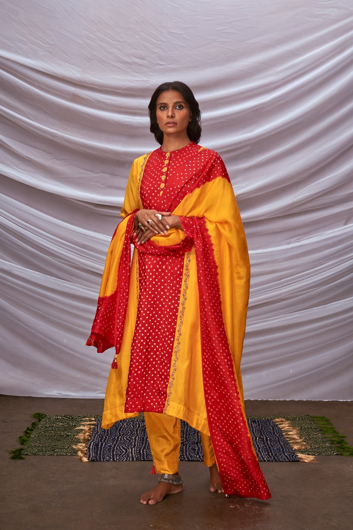 Tie & Dye Bandhani Panelled Kurta Set With Zari Work