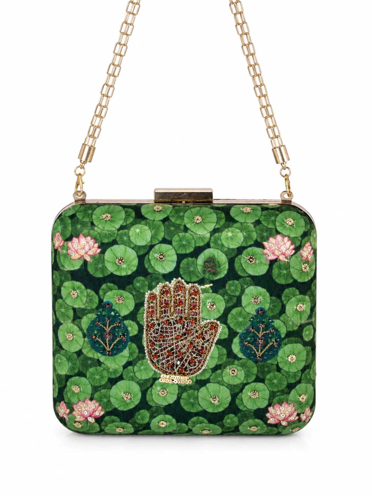 Green Lotus Pond Print Clutch Bag with Embroidered Jewel Palm & Gold Chain