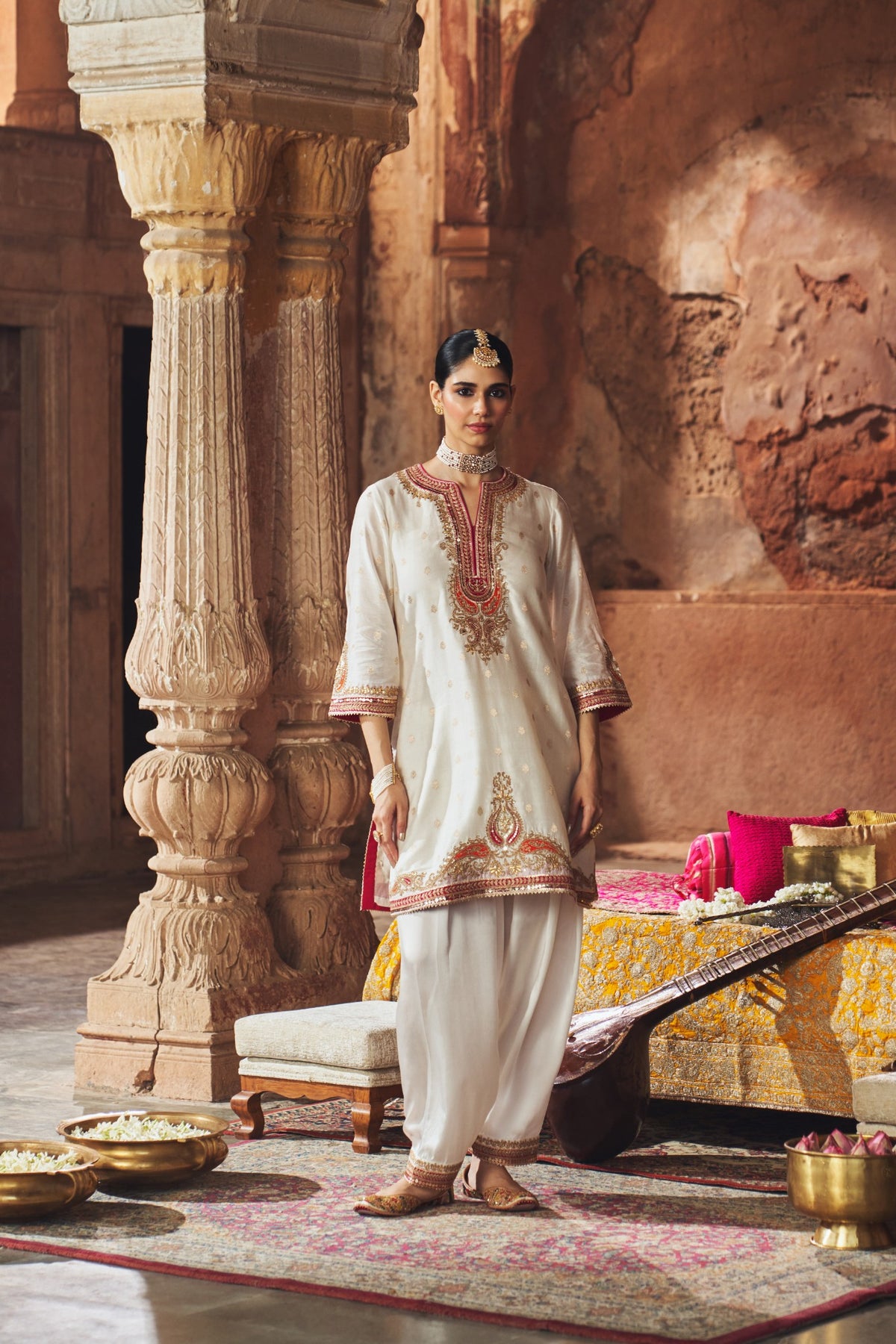 Daisy Ivory Pure Silk Banarasi Kurta Salwar Set for Weddings