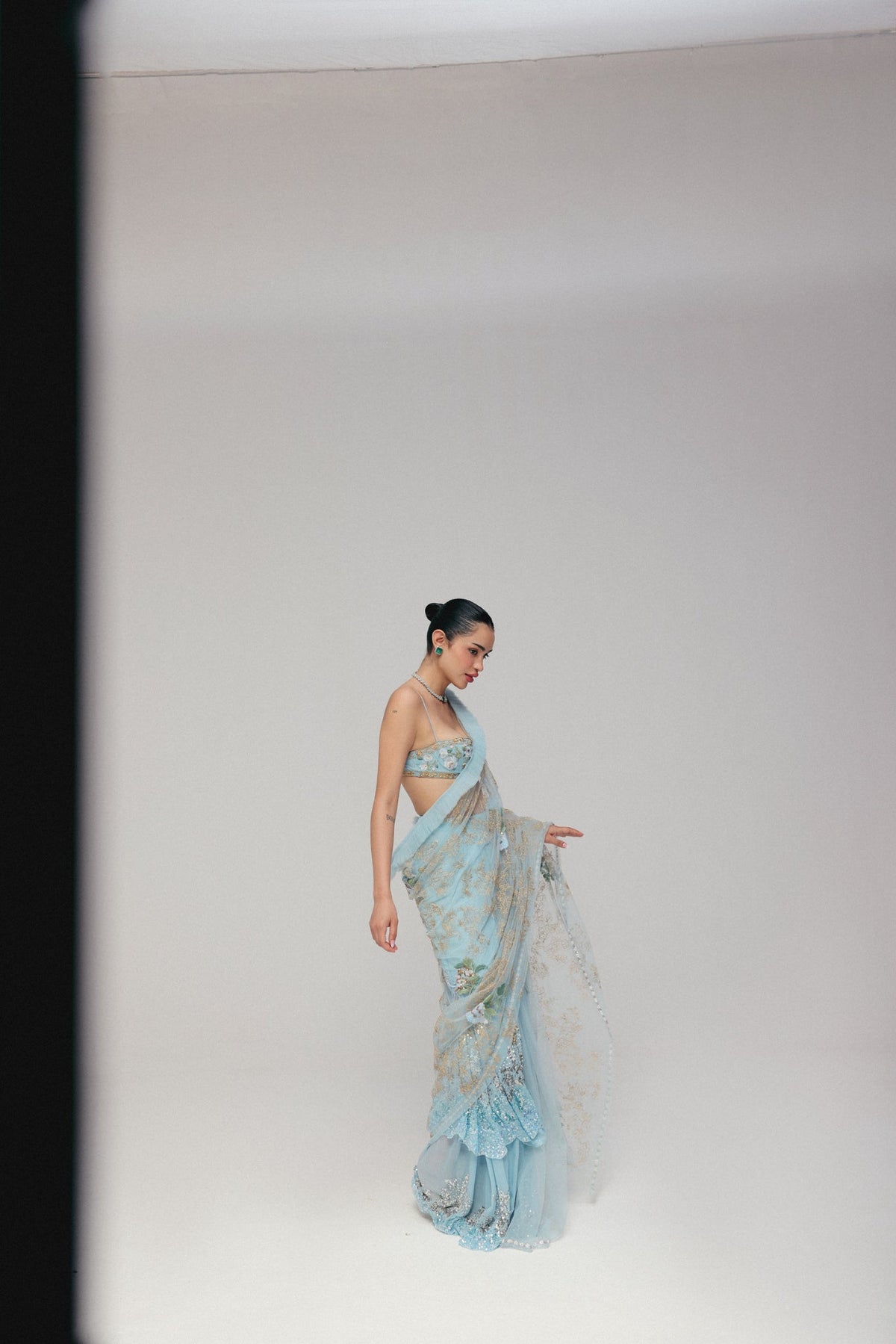 Floral & Zardosi Embroidery, Silk Georgette & Tulle with French Lace, Stitched Saree Set, Blouse Silhouette