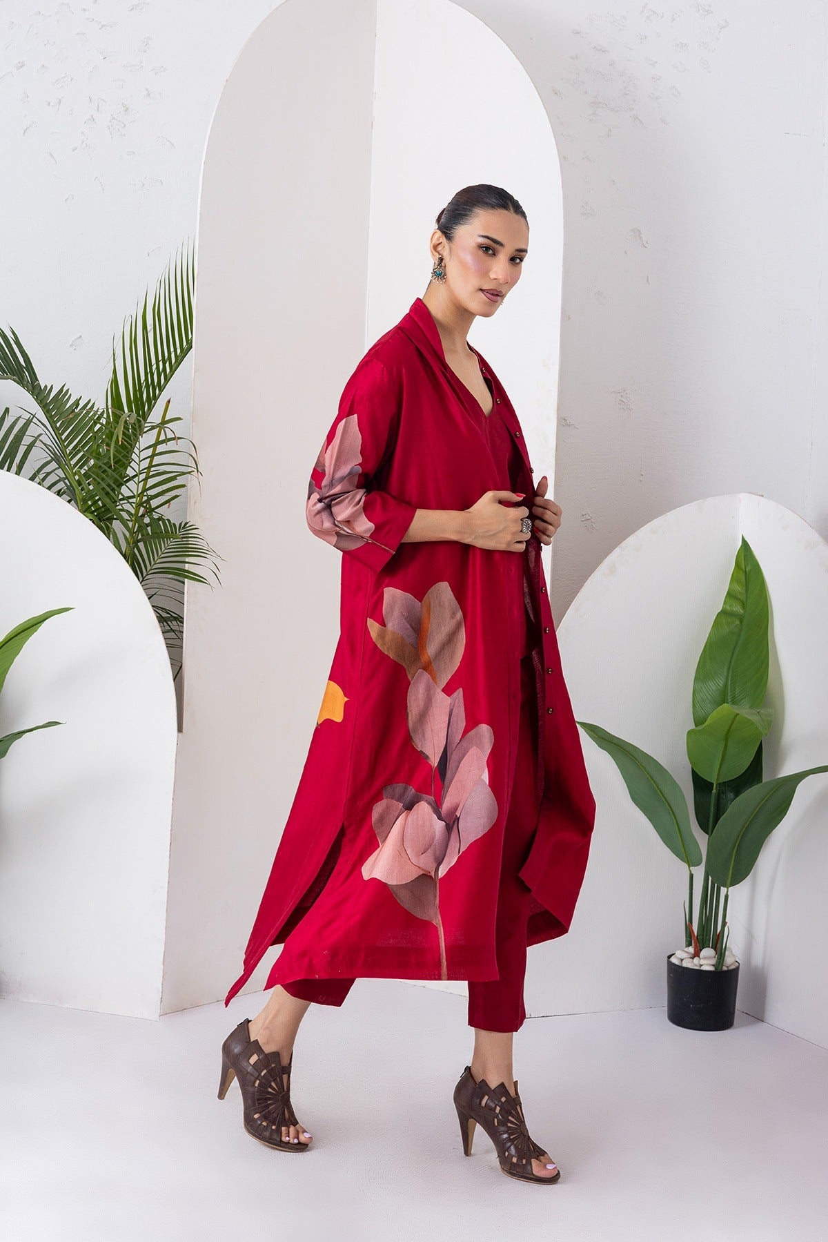 Maroon Silk Chanderi Leaf Printed Dress Set (3 PCS)