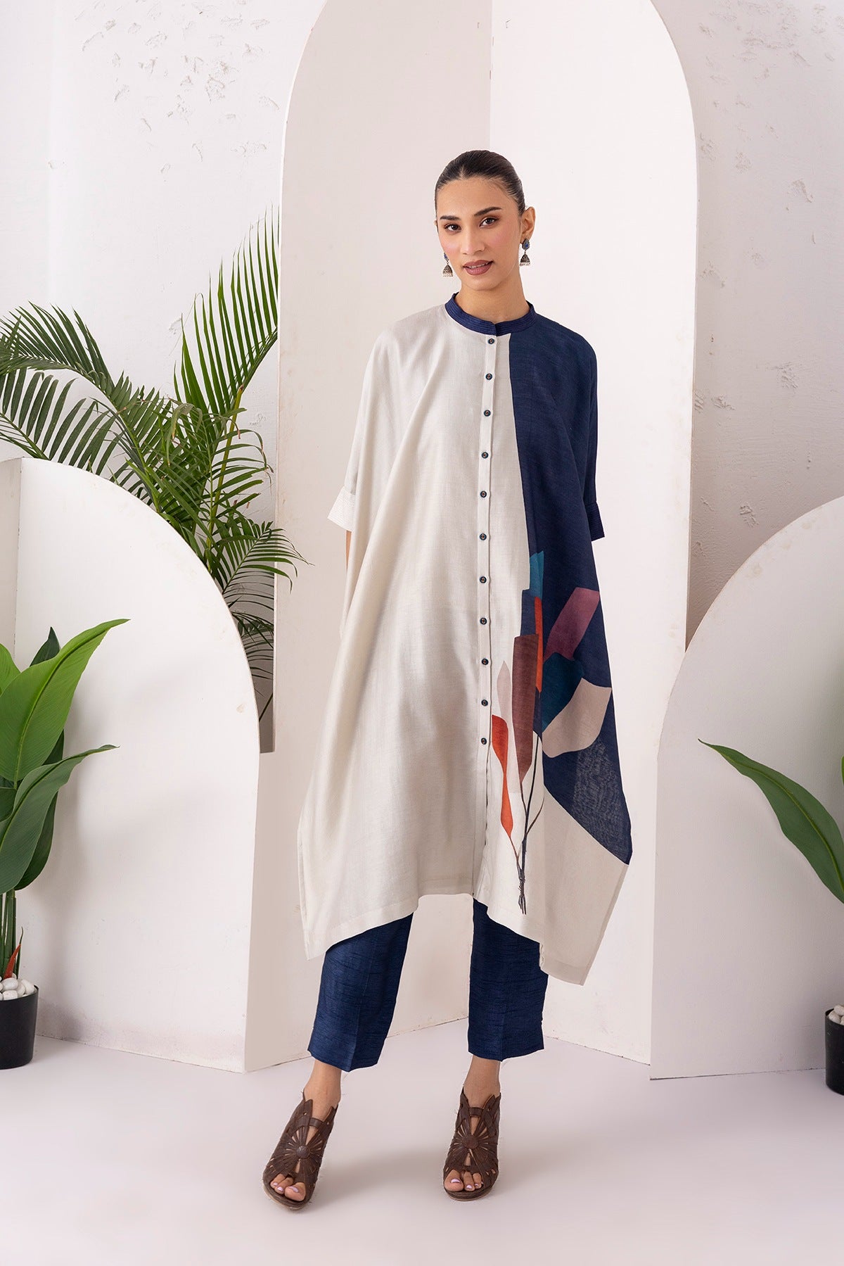 Blue & Ivory Silk Chanderi Printed Kaftan Style Dress Set (3 PCS)