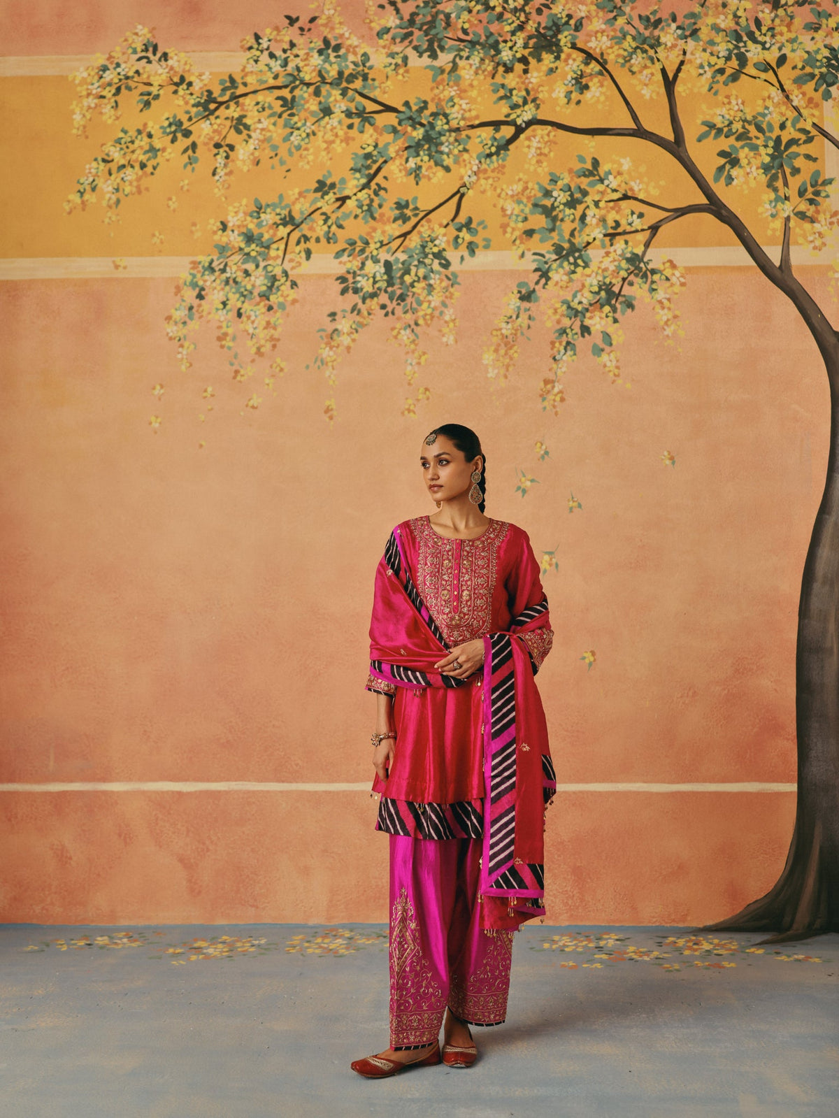 Red and Rani Leheriya Layered Anarkali