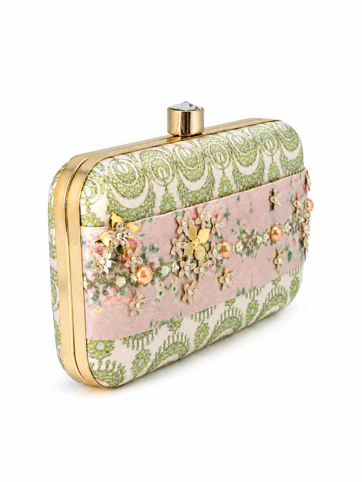 Pastel Floral Embellished Clutch Bag with Jewel & 3D Flower Detail