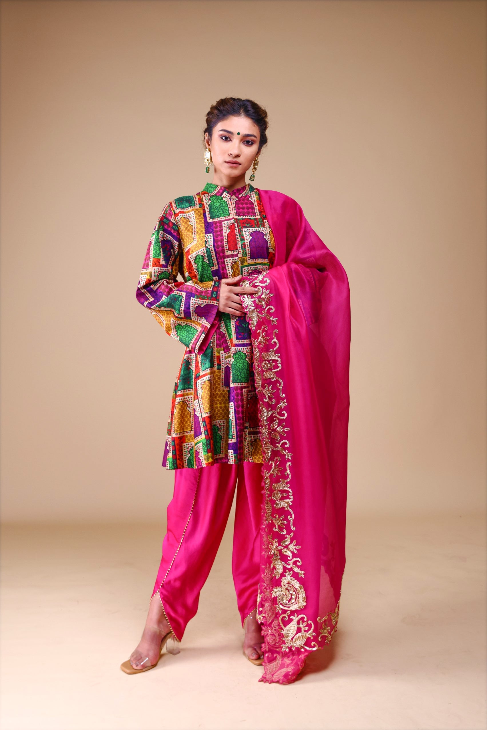 Kalidar Kurti with Tulip Pants and heavy hand-embroidered zardosi work Dupatta