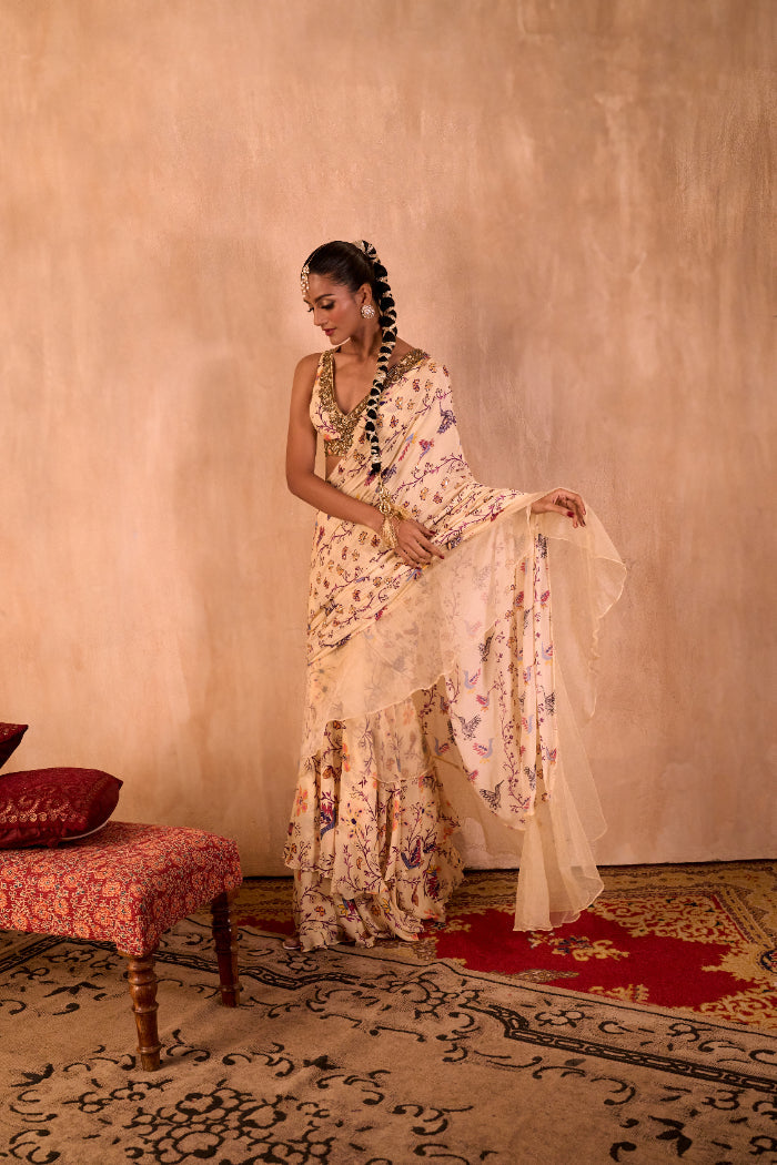 IVORY PRINT EMBROIDERED CHOLI WITH PRE DRAPED RUFFLE SARI SET - image 5