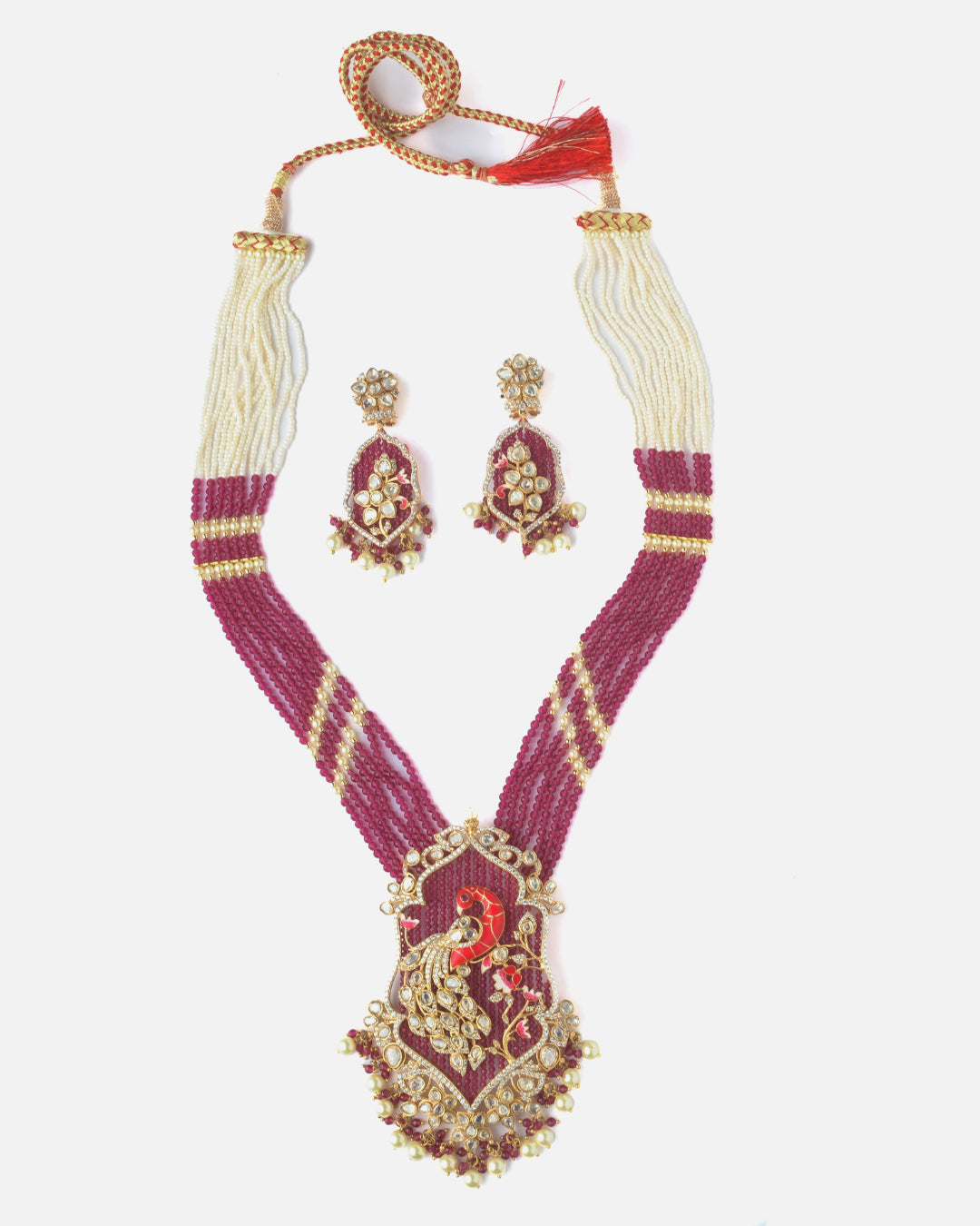 Moissanite Polki Ruby Peacock Beaded Statement Necklace Set