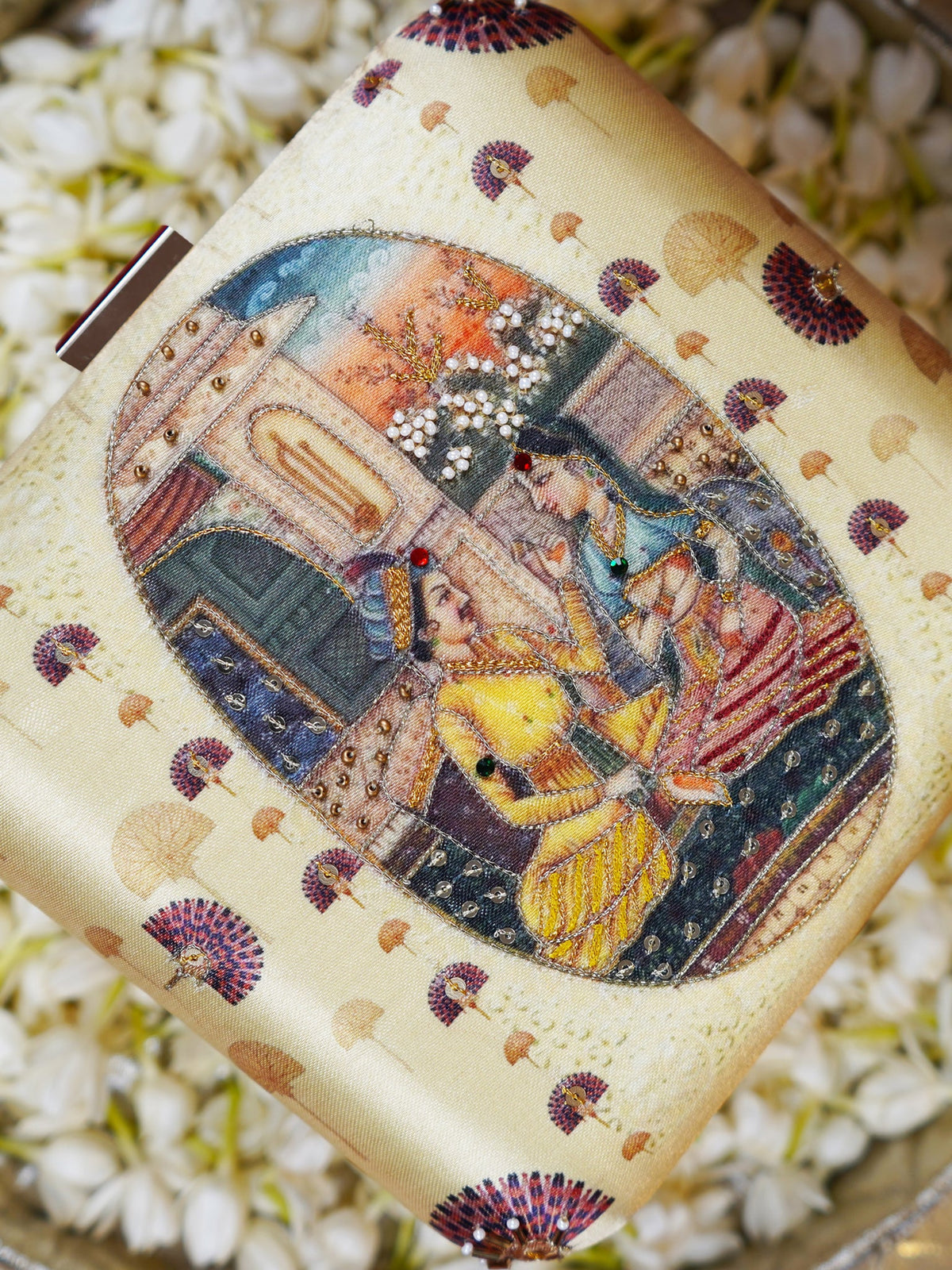 Ivory Indian Miniature Art Printed Embroidered Clutch Bag with Gold Detail