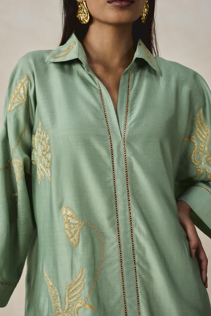 Sage Green Chanderi Shirt Kurta Salwar Set for Festive Wear