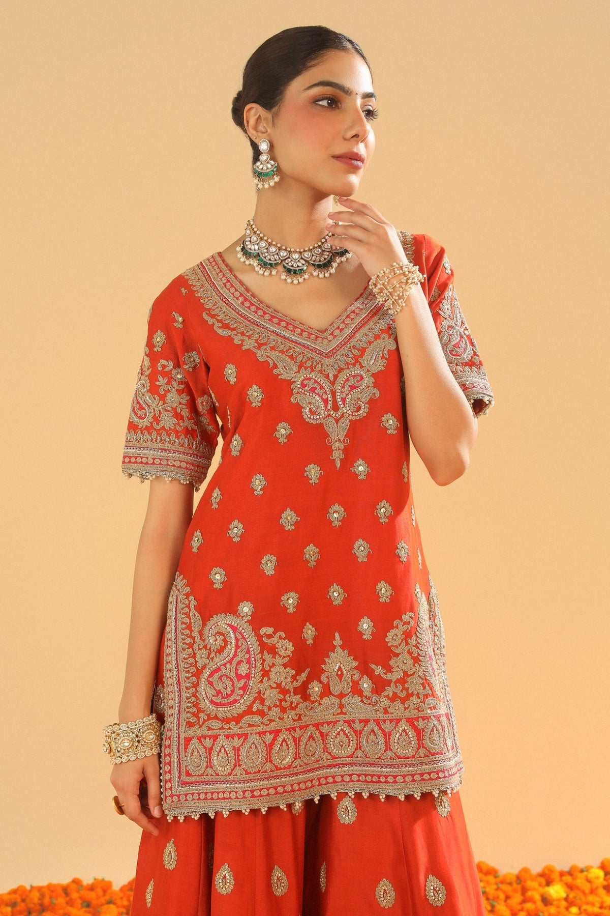 Shazfa - Burnt Orange Short Kurta with Sharara