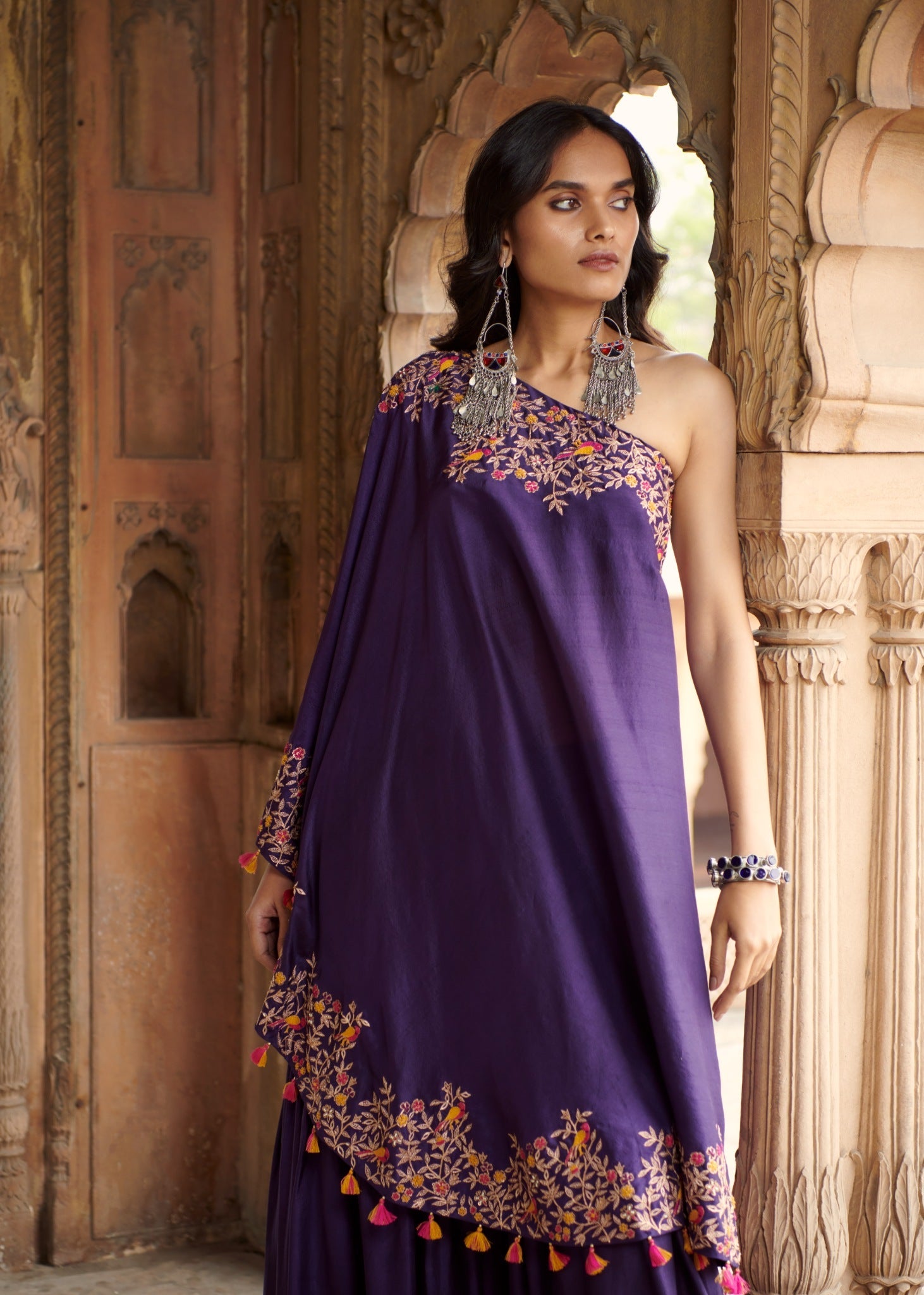 Embroidered one shoulder tunic with a sharara
