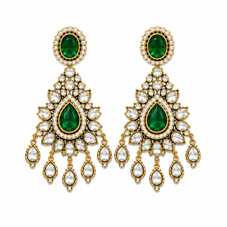 Emerald Green Bridal Polki Necklace Set with Maang Tikka & Statement Earring