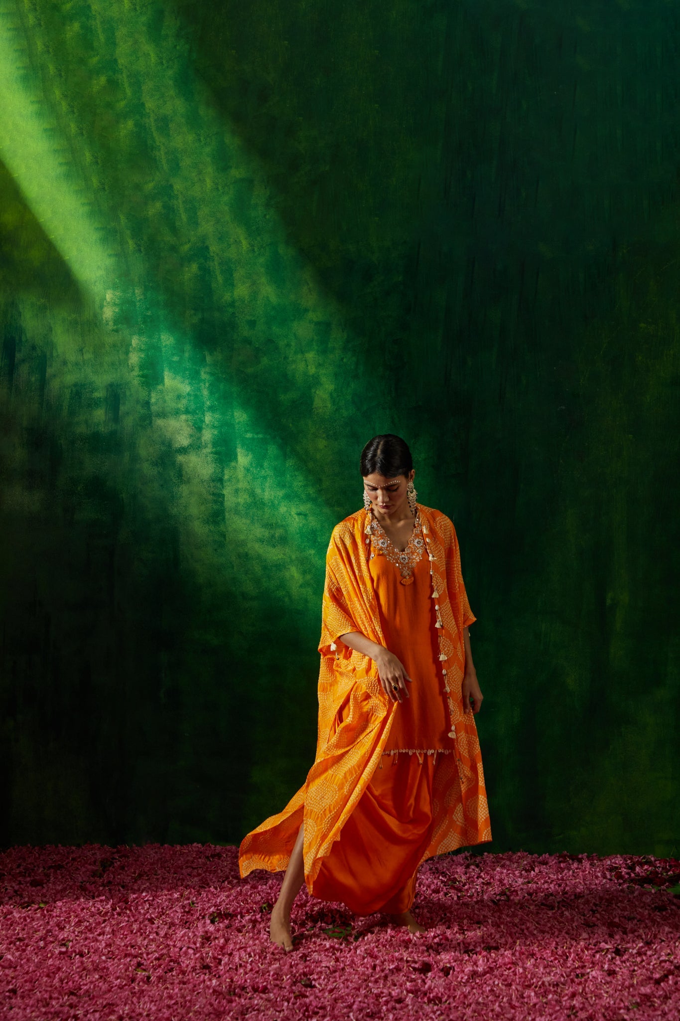 Bandhni cape set with chanderi kurta and dhoti skirt