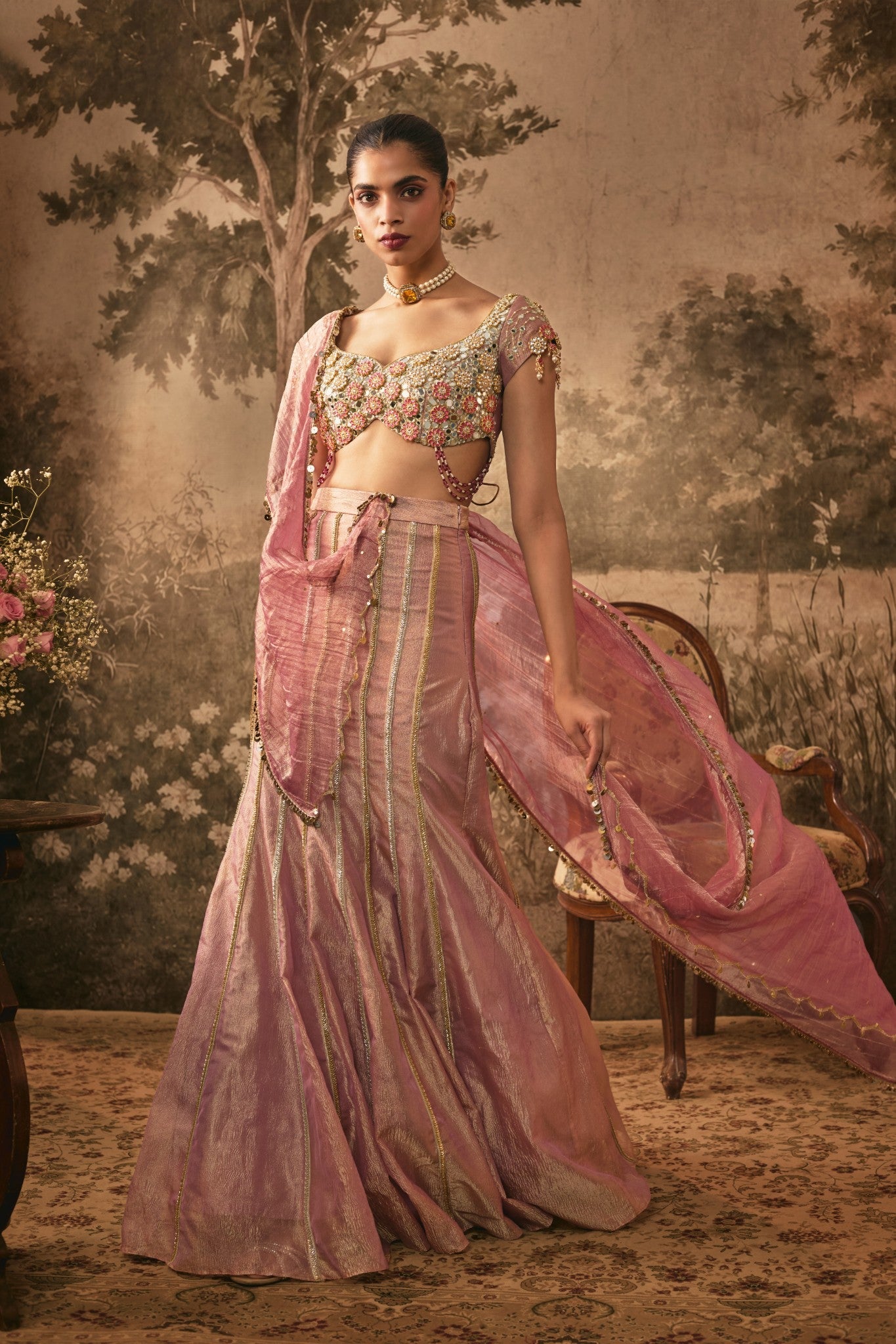 Dusty Rose Metallic Tissue Lehenga Set