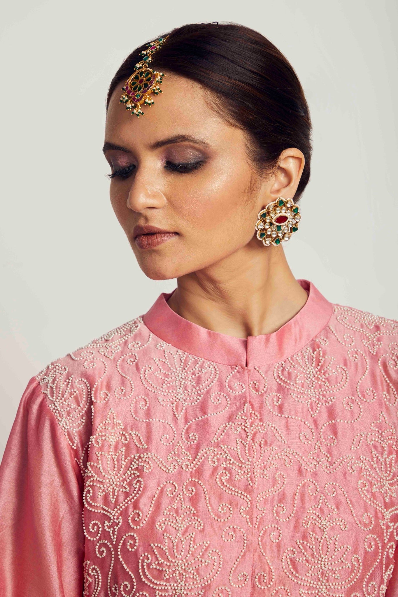 silk chanderi long asymmetrical tunic with pearl embroidered lotus jaal