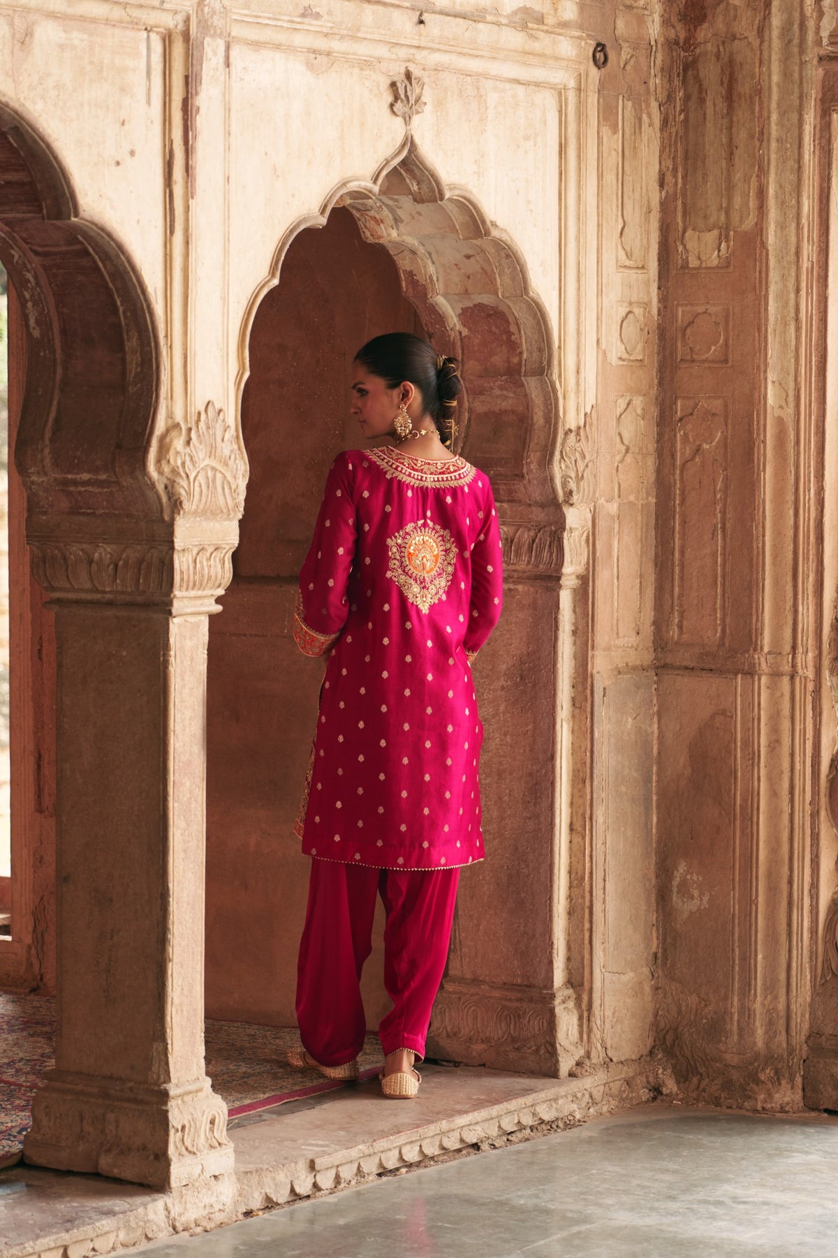 Hot Pink Silk Chanderi Banarasi Short Kurta with Dogri Salwar