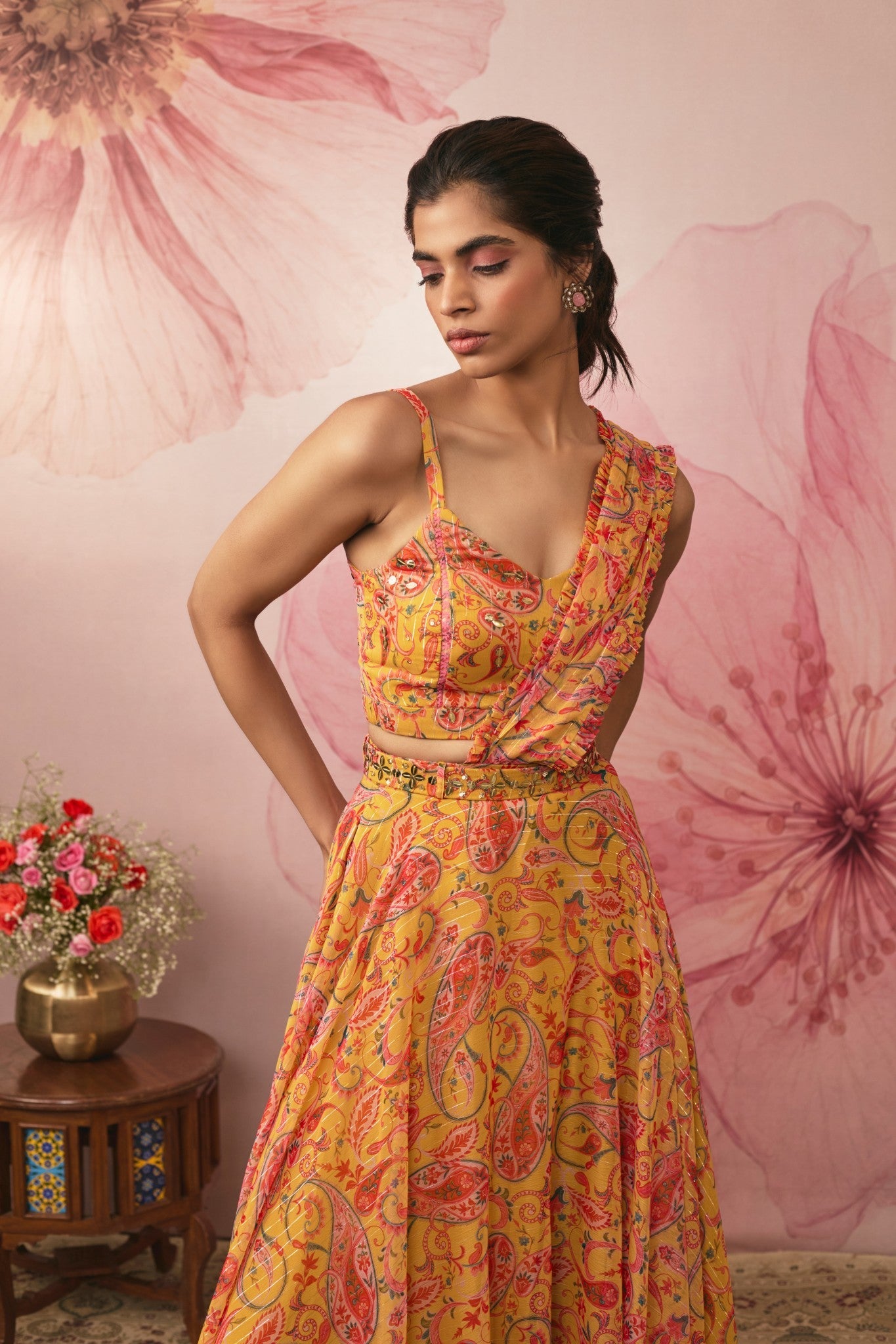 YELLOW PAISLEY PRINTED LEHENGA SET