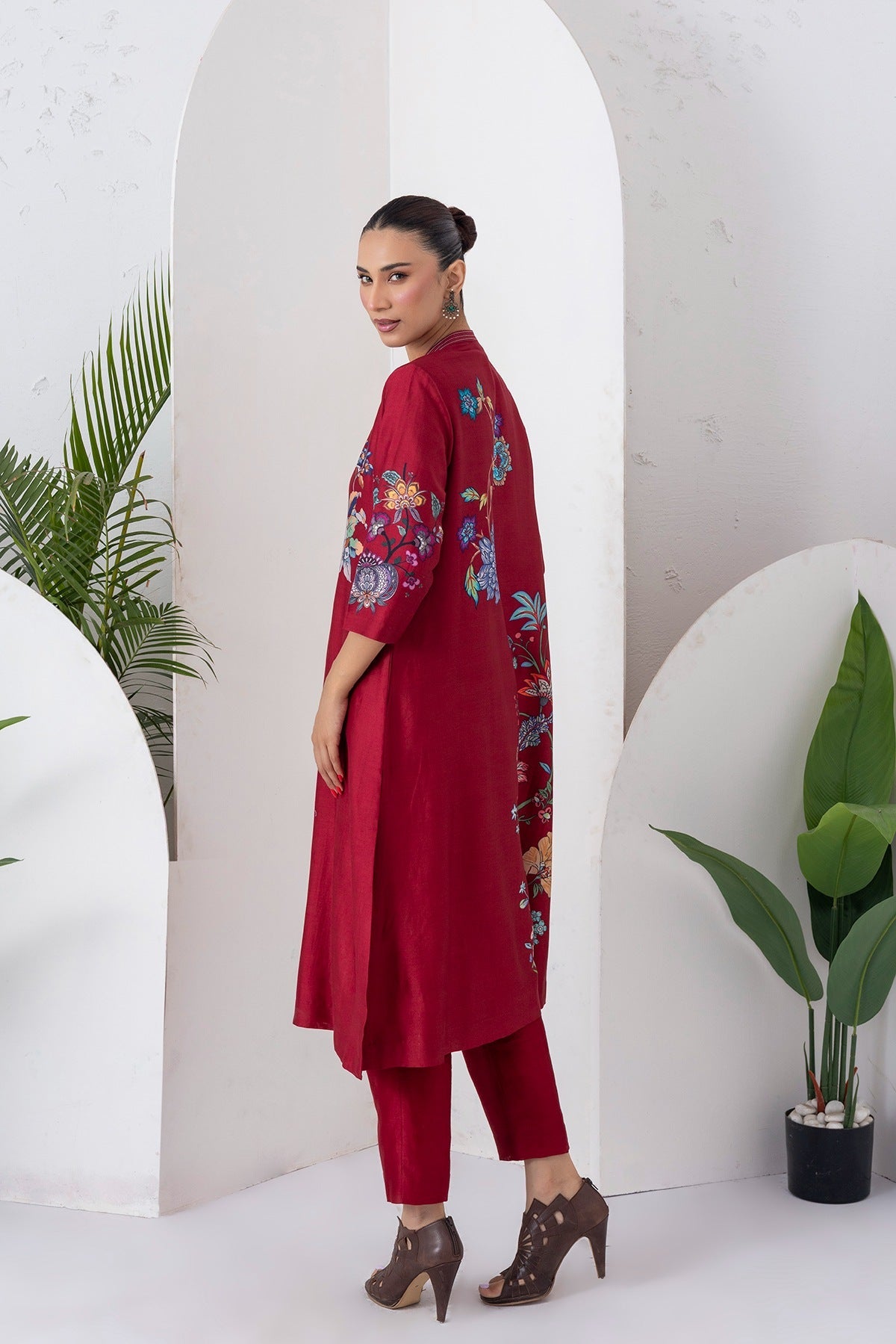 Maroon Silk Chanderi Floral Printed Front Open Dress Set (3 PCS)