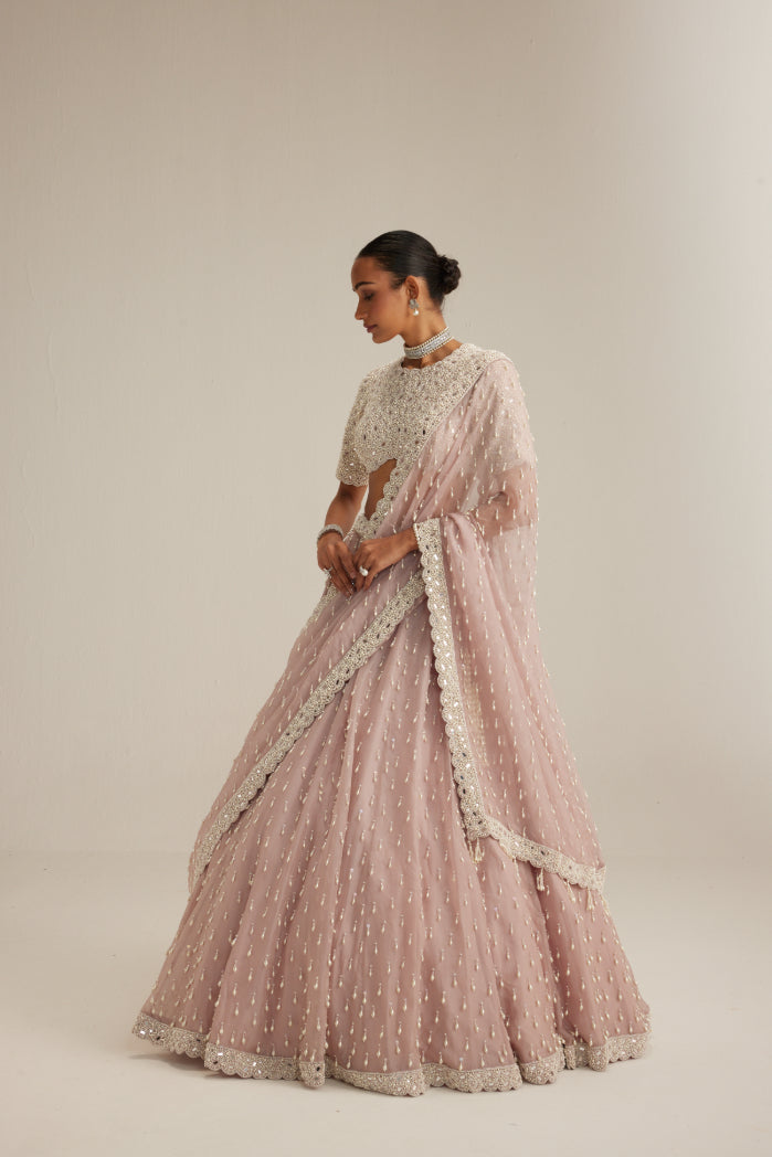 Ash Pink Pearl Drop Lehenga with high neck blouse