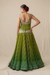 Green ombre printed bandhej lehenga set