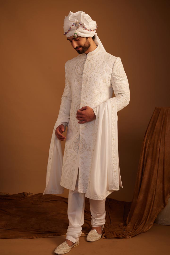 Image of White Peony Sherwani Set