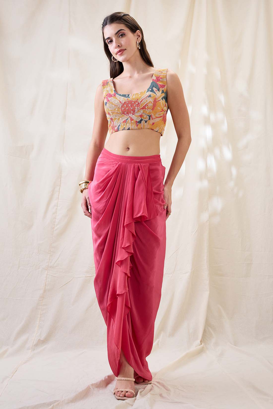 Ravya drape skirt set with embellished cape SP4731