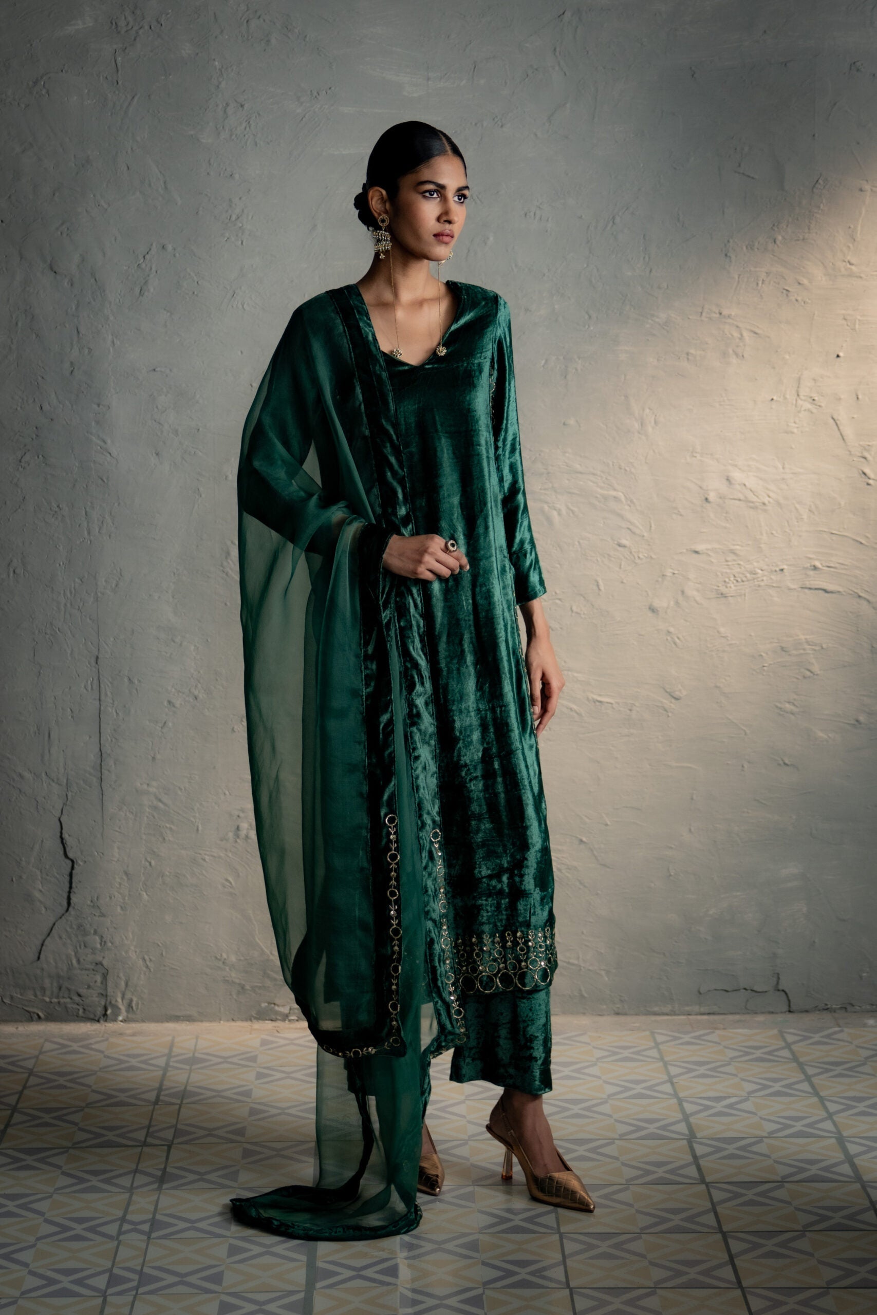 Velvet Green Kurta Set