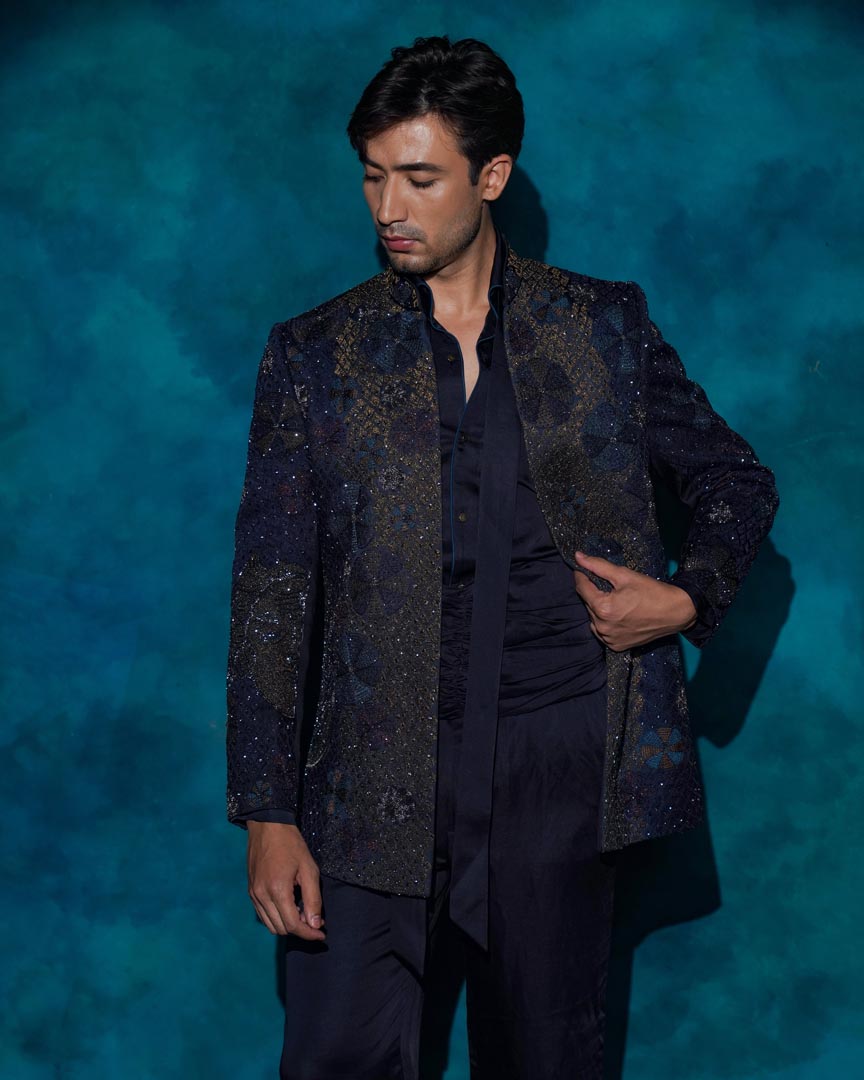 Midnight Blue Hand embroidered short jacket set
