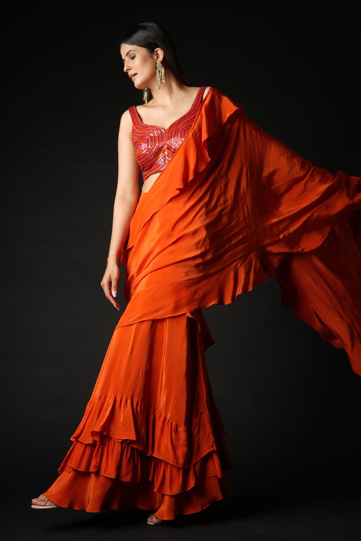 Rust Viscose Ruffled Saree Set