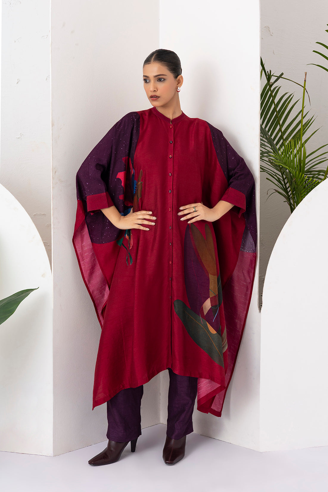 Red Viscose Dupion Printed Kaftaan Style Dress (1 PC)