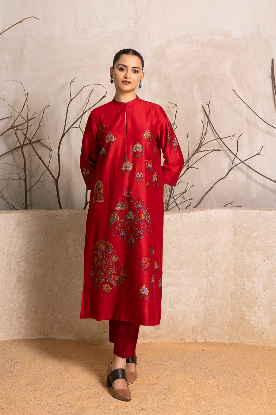 Bright Red Silk Chanderi Printed Tunic (1 PC)