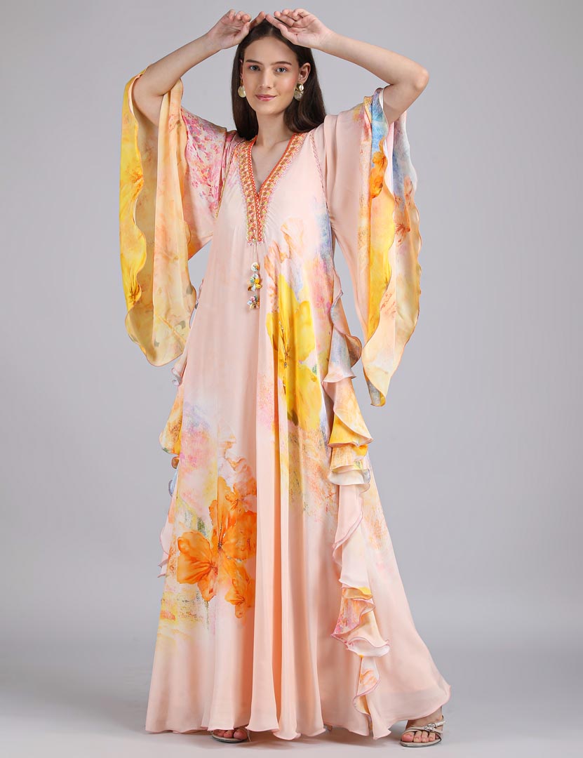Peach Floral Faux Printed Kaftan Dress