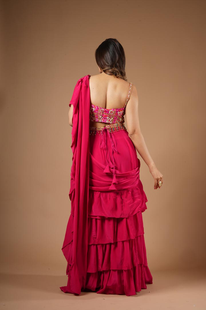 Ruby Pink Viscose Ruffled Saree Set