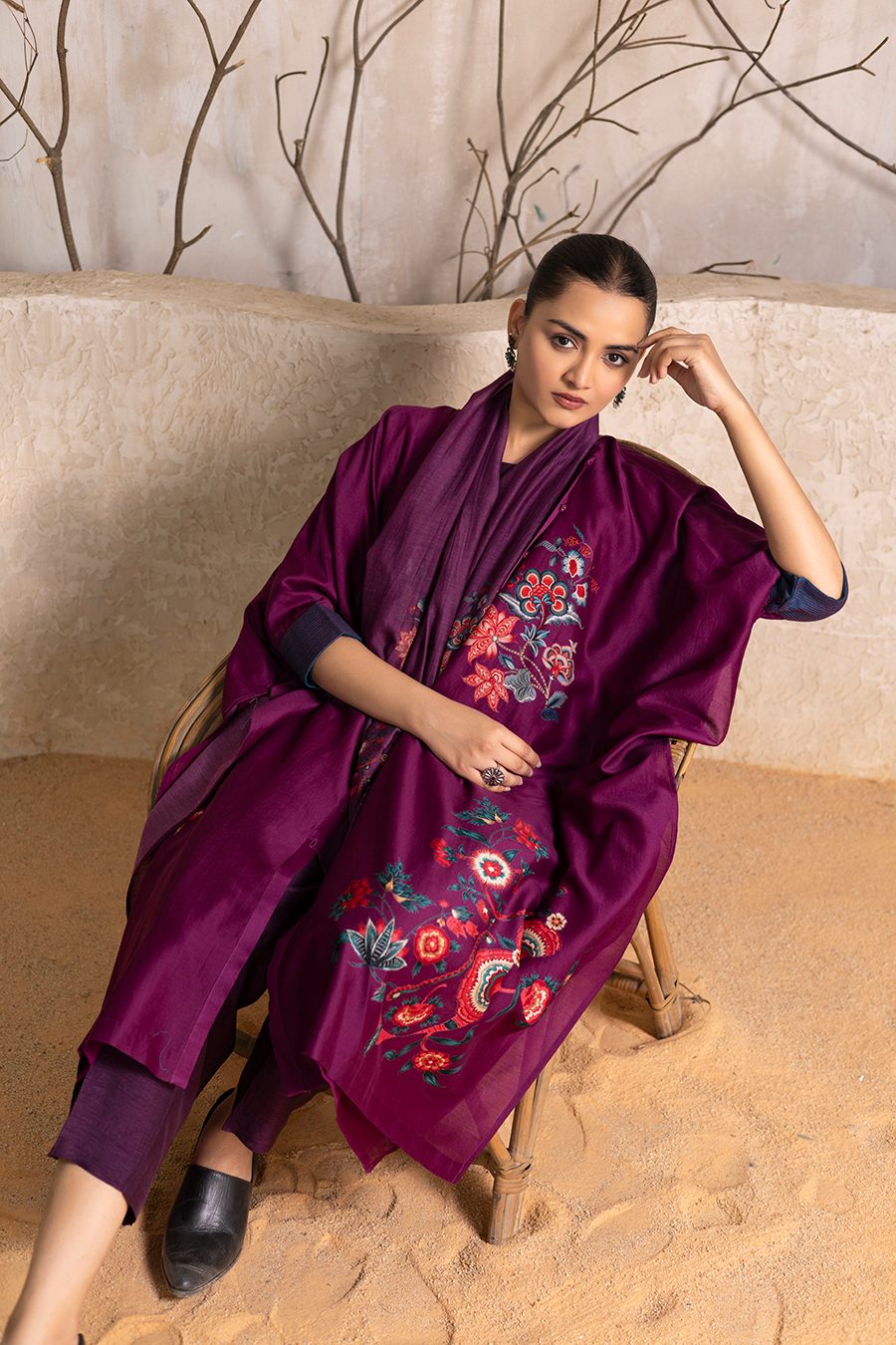 Wine Silk Chanderi Printed Kaftan Style Dress (1 PC)
