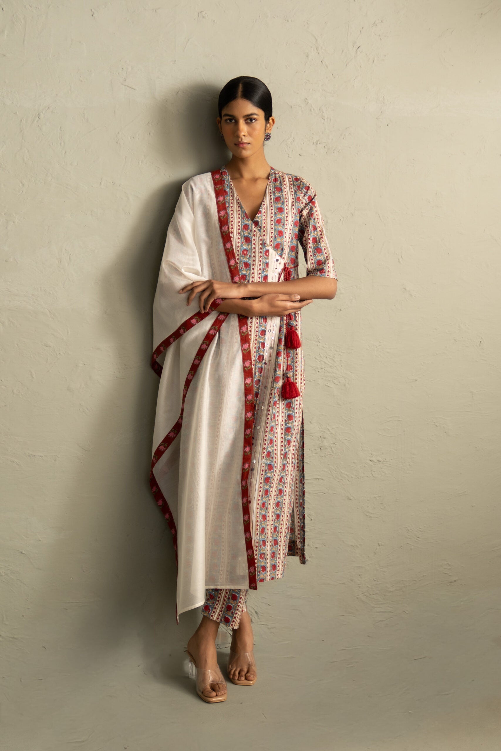 Cream Phool Dori Hand Block Angrakha Straight Kurta Set