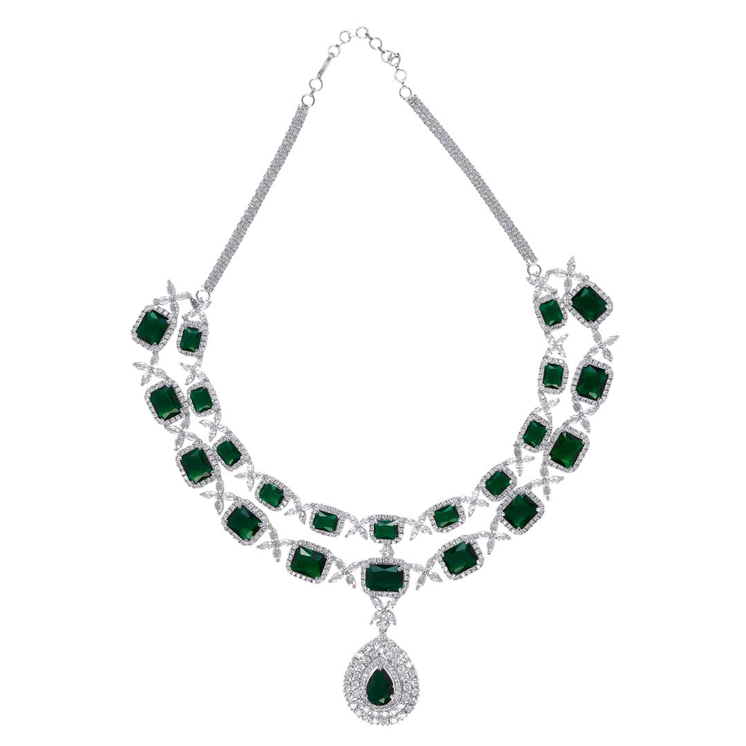 Vivinia By Vidhi Mehra Zia Silver Plated Green Womens Emerald Synthetic Zircon Necklace Set with Pair of earrings VN263