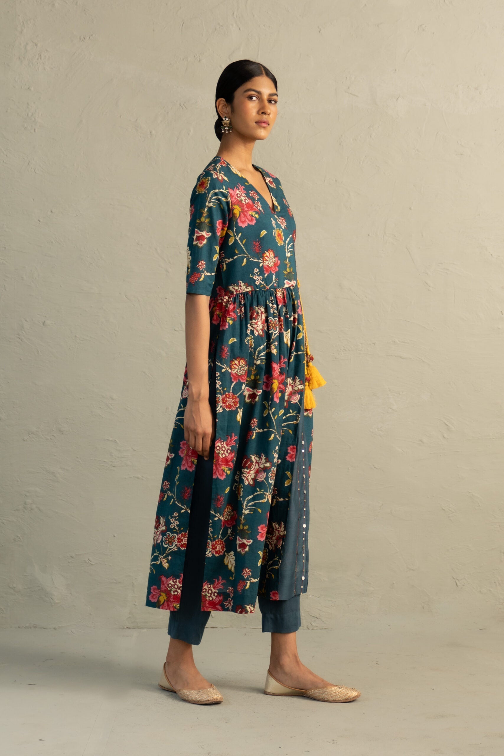 Teal Phool Dori Angrakha Straight Kurta Set
