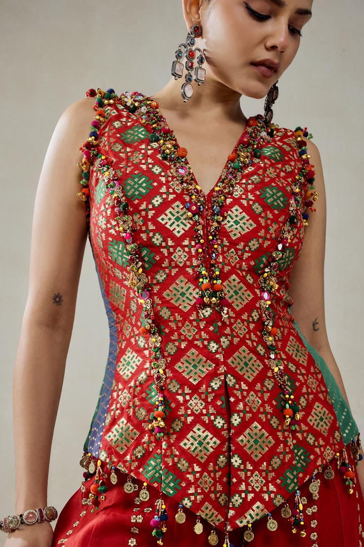 Red Patola Silk Sharara Set with Embellished Structured Top