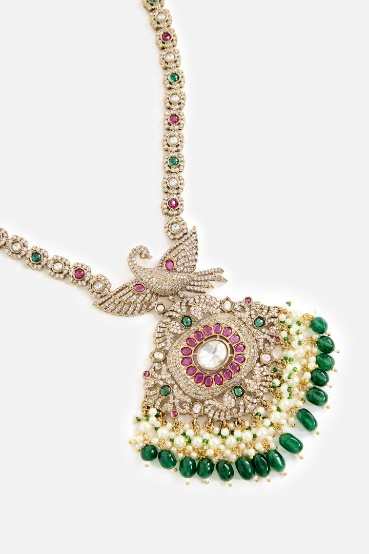 Gold-Plated Green & White Stone Long Necklace Set