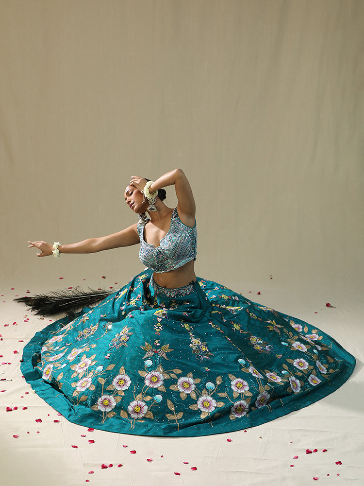 Teal green handpainted Lehnga set