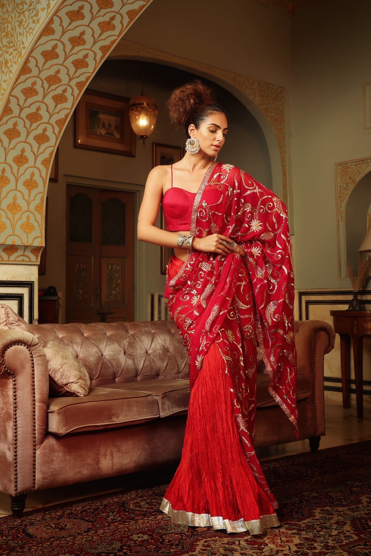 Image of Dilruba rose red sitara saree with crush lehenga and corset blouse