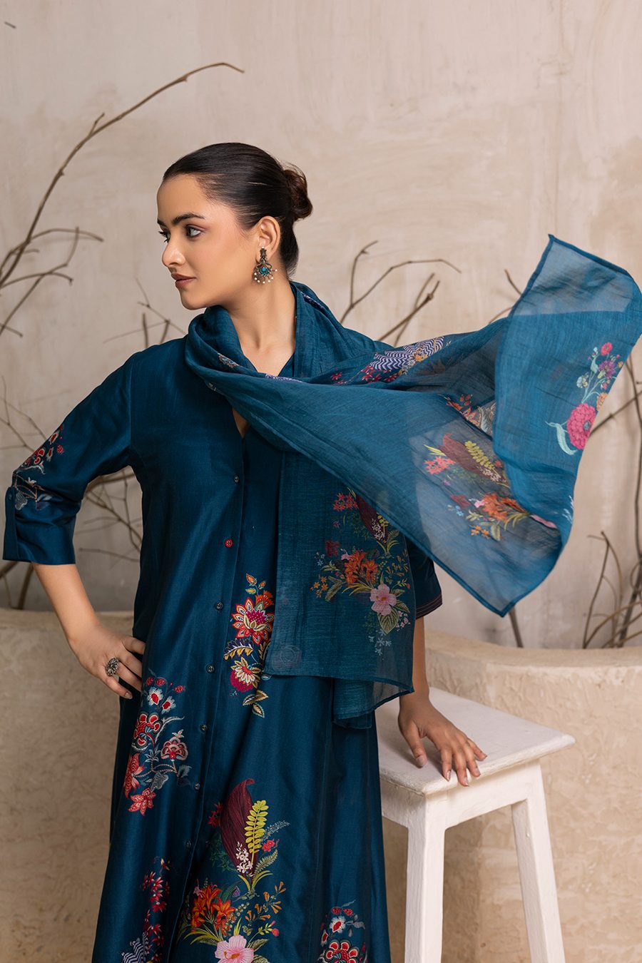 Indigo Silk Chanderi Printed Stole (1 PC)