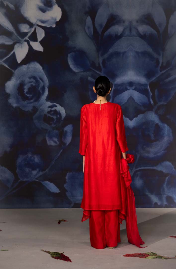 Red Side Panelled and Embroidery Suit- Set of 3