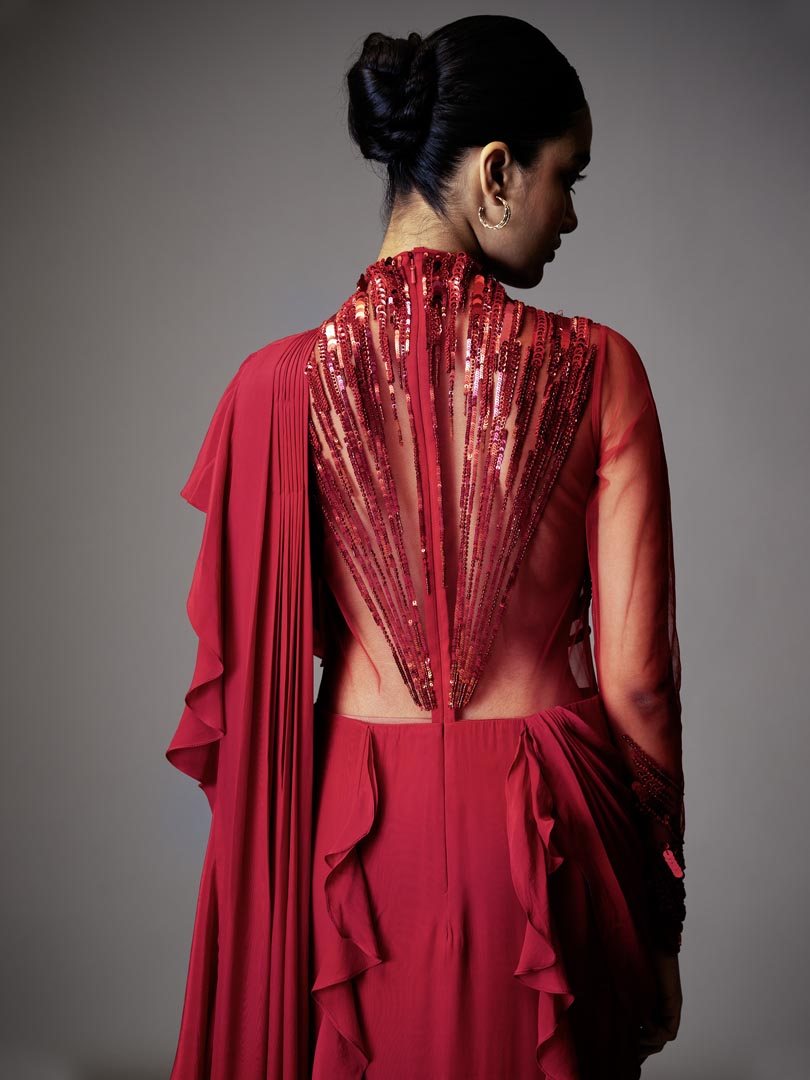 Fuchsia Pink Georgette Sequins 
Hand Embellished Gown Saree