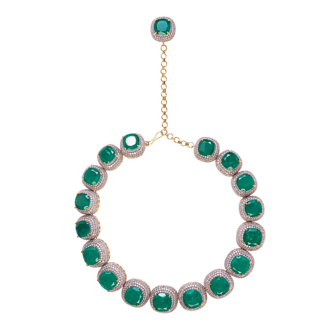 Vivinia By Vidhi Mehra Silver Plated Green Womens Synthetic Stone Choker Necklace Set with Pair of Earrings VN132