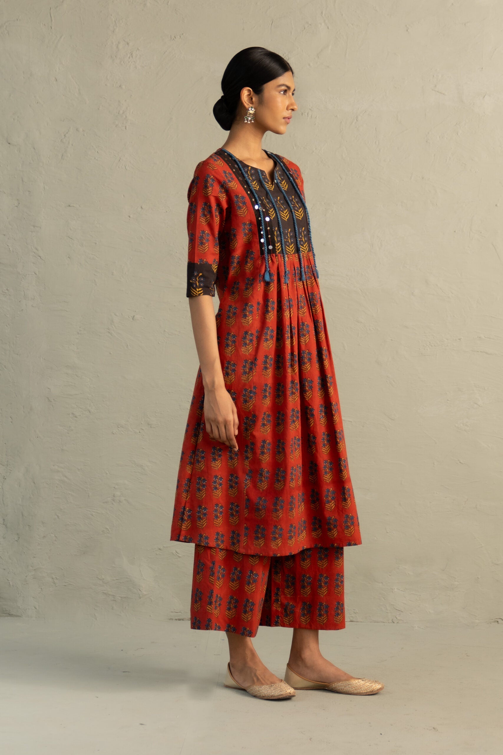 Red Phool Dori Hand Block Kurta Set