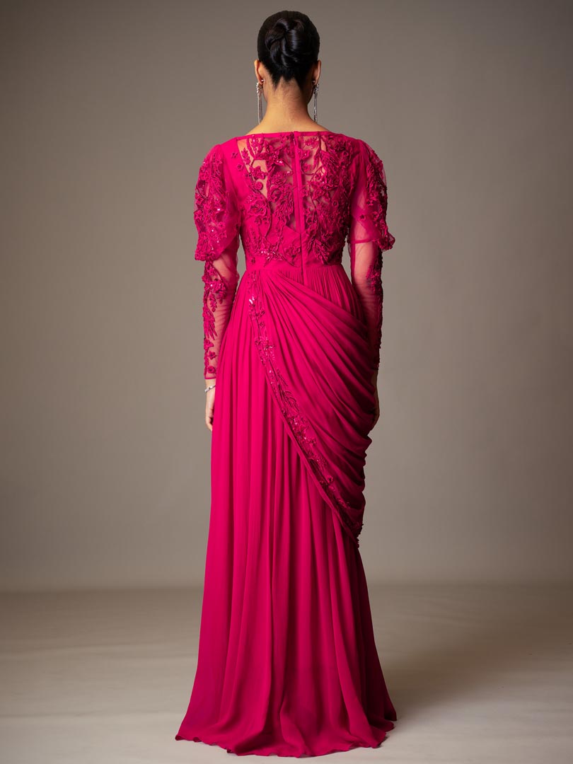 Pink Georgette Bead 3D Embellished
 Gown Saree