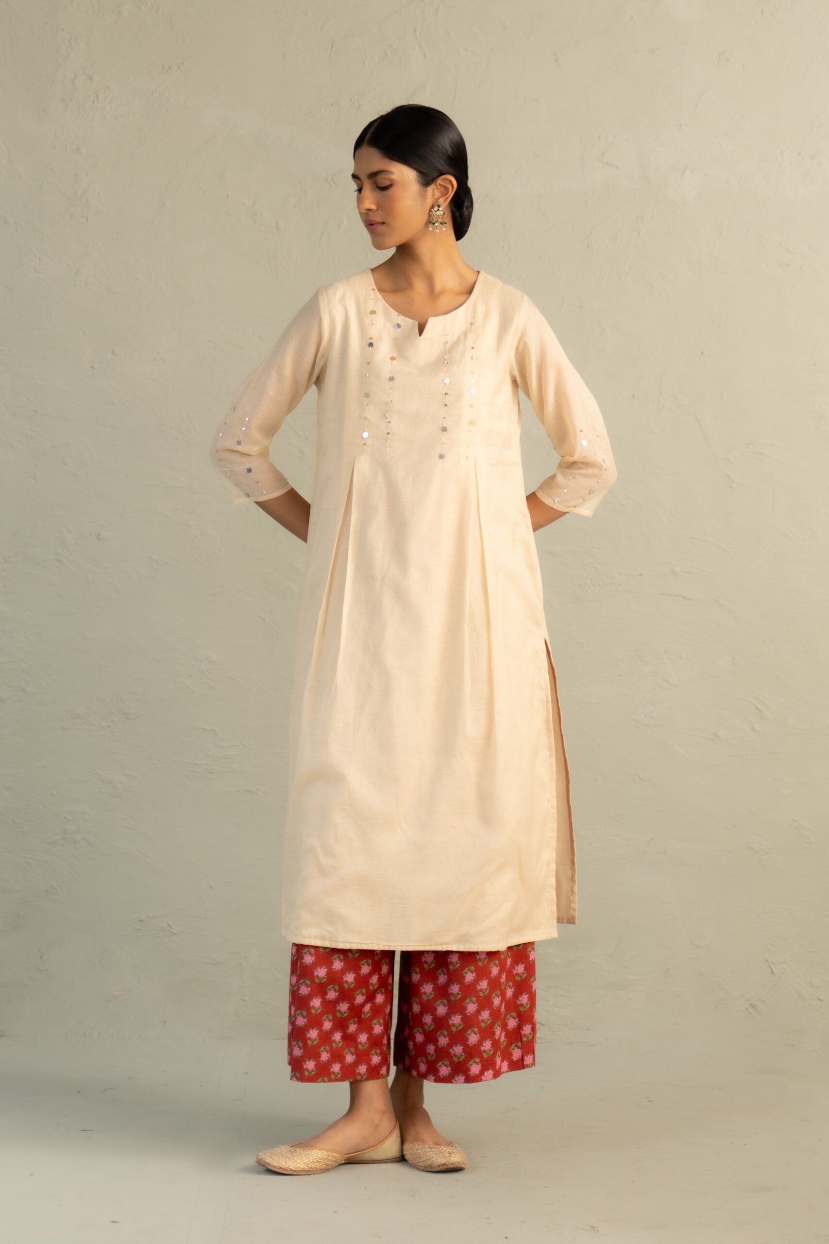Beige Phool Dori Pleated Kurta Set