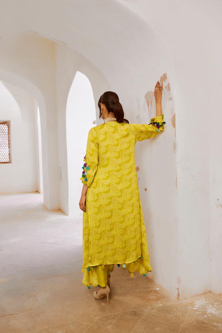 Image of Gulbahar Lemon green tassel tunic pant set